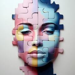 Creative composition with a profile woman's face composed of several puzzle pieces in pastel tones. Concept of feelings. Complex personality