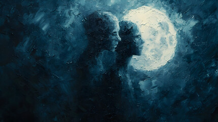 Romantic Painting of a Couple Gazing at the Moon