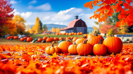Autumn Scene with Orange Pumpkins in a Field, Seasonal Harvest and Halloween Decor, Natures Fall Display