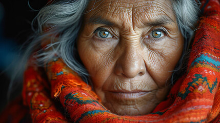 a portrait of an 80-year-old gray-haired woman with a piercing gaze.