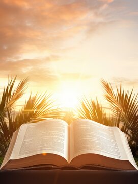 Opened book and palm leaf with cross and sunset scene background. Palm Sunday Concept, copy space - generative ai
