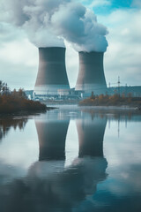 Nuclear power plant after sunset. Dusk landscape with big chimneys.