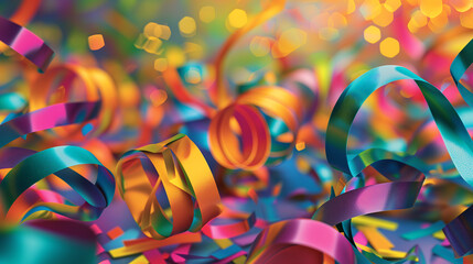 Colorful ribbons swirling in vibrant hues, festive element to the birthday-themed background