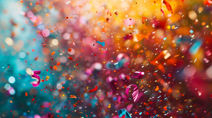 Party popper releasing a burst of colorful confetti and streamers. Birthday themed background