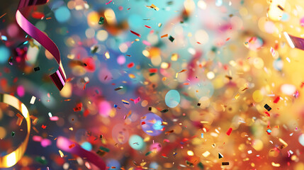 Party popper releasing a burst of colorful confetti and streamers. Birthday themed background - obrazy, fototapety, plakaty