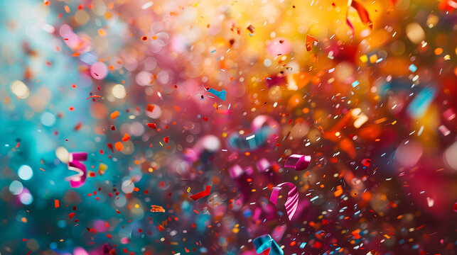Party popper releasing a burst of colorful confetti and streamers. Birthday themed background