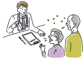 男性医師に相談する花粉症のシニア夫婦