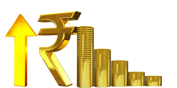 Golden Indian rupee sign and Indian currency coin isolated on 3d render. bearish and bullish golden arrow stock market background.	
