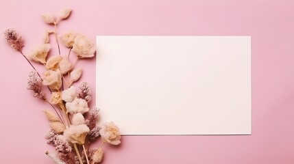 Naklejka na ściany i meble Greeting or invitation card mockup with dry flowers decorations on pink background. Generative Ai