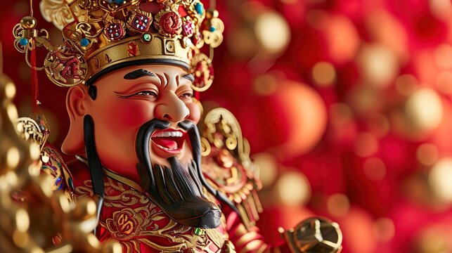 cartoon with a smiling face, the Chinese God of Wealth, wearing traditional Chinese clothing, against a red background.