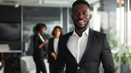 Handsome cheerful african executive black business man at the workspace office