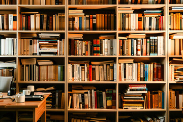 Educational Bookshelf in Library, Literature and Knowledge, University Study and Research, Collection of Books and Textbooks, Academic and Cultural Background