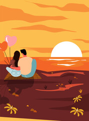 Romantic  couple in love on the beach with sunset view. Concept love destiny, relationships, first dating and Valentine. Inspiration for wedding, date or romantic travel.