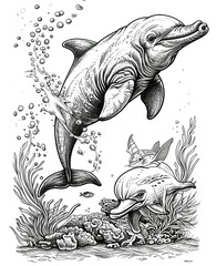 Naklejka premium A playful bottlenose dolphin leaps gracefully out of the water, its sleek, gray body catching the sunlight