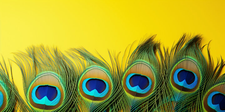 Beautiful peacock feathers in rich colors. Peacock feathers iridescent blue green gold with a peephole on a bright yellow.