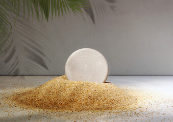 podiums on the sand for presentation show product cosmetic display , stage pedestal or platform background