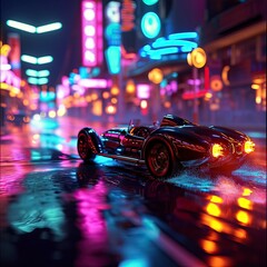 A speedy car with neon light in road, generative ai.