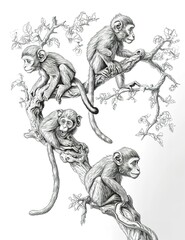  A detailed sketch of a monkey amidst lush foliage, capturing the essence of wildlife with intricate lines and shading