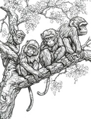  A detailed sketch of a monkey amidst lush foliage, capturing the essence of wildlife with intricate lines and shading