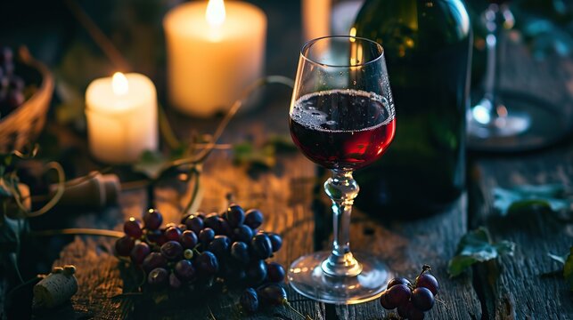 Red wine in a glasses on wood table. Image of alcohol. Copy space for text.