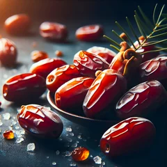 Foto op Plexiglas Close up of Fresh dates served on a plate with cinematic lighting and copy space area. Suitable to eat as an iftar menu during the month of Ramadan  © Jang