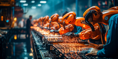 Factory workers operate robots on an assembly line. People control and manage the production process. Combining human expertise with robotic efficiency improves productivity.
