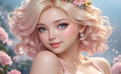babydoll face lady joyful woman with curly, light-colored hair adorned with a crown of pastel flowers close-up