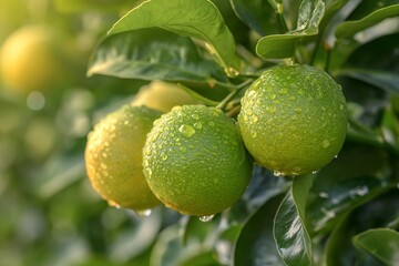 A cluster of just plucked Green lime fruits dangles from the tree. Lemons are a type of tiny evergreen that produces dew.