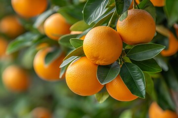 A close-up of a freshly picked orange hanging from a tree in the morning - Powered by Adobe