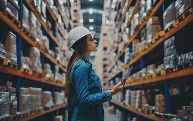 Female Worker Wearing Hard Hat Checks Stock in the Retail Warehouse full of Shelves with Goods.