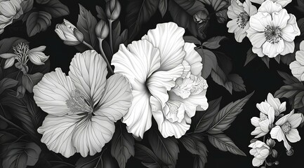  illustration of various flowers and leaves. It features large blooming flowers with intricate petal designs that are the focal point of the image