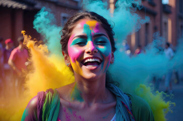 beautiful woman enjoying The Hindu festival Holi, india