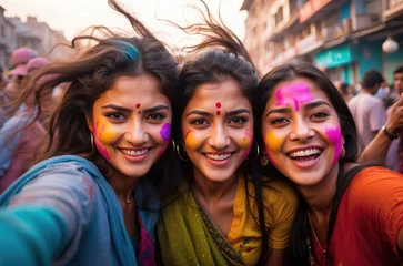 Gordijnen beautiful woman enjoying The Hindu festival Holi, india © Dwi