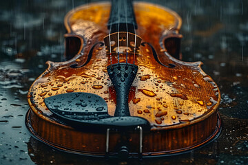 Fototapeta na wymiar Melodic Rain: Water Rain Drops Gracefully Adorning a Violin