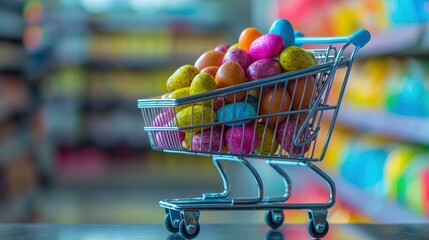 Different colour easter egg in a shopping cart in a shopping moll - obrazy, fototapety, plakaty