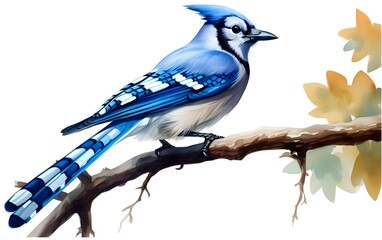 Watercolor view of blue jay bird illustration

