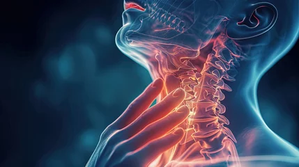 Fotobehang A person holding on to sore throat, lesion in tonsils, throat disease, acute respiratory viral infection, tracheitis, season of viral activity. 3D rendering, X-Ray technologies © Natalia S.