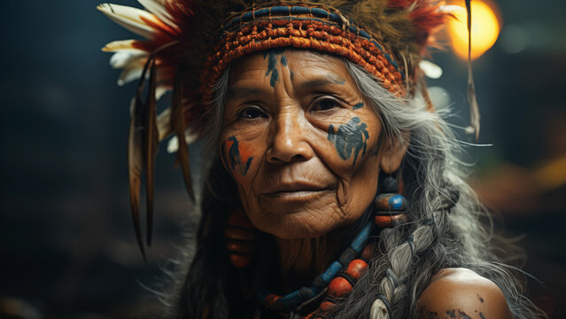 Portrait of old indigenous woman shaman, old woman belonging to indigenous ethnic group of the South American Amazon. Portrait of an indigenous face with its typical ornaments