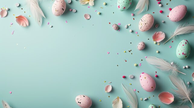 Pastel Colorful Easter eggs around picture frame on blue background. Minimalistic concept, Top down perspective. Copy space image, Space to add text or design