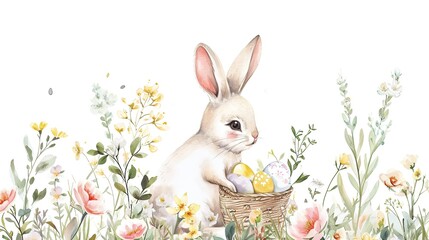 Little cute Easter bunny collects eggs in a basket for the Easter holiday. Easter cozy cute botanical illustration