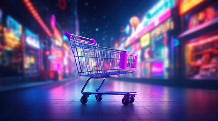 3d Shopping neon cart icon in storefront with colorful neon light blurred background. Black Friday, cyber monday and valentine sale promotions concept