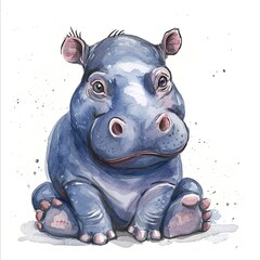 Baby Hippo Cute Illustration Watercolor