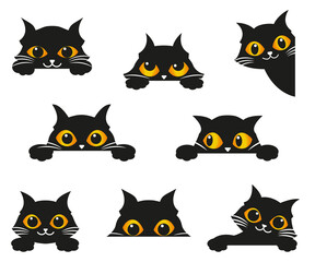 Obraz premium Black cats peeking out window, funny kittens face, curious cat head character, cartoon design vector