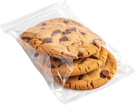 Baked cookies with chocolate chips in plastic bag isolated on transparent background. PNG