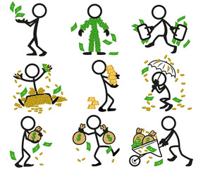 stick man figure money concept, rich financial success, richness vector illustration