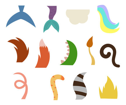 Set of tails, wildlife tails animal cartoon collection vector illustration