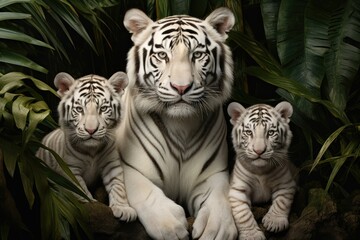 Naklejka premium Tiger With her family, a realistic encounter between a mother tiger and her cubs in their natural habitat, Ai generated