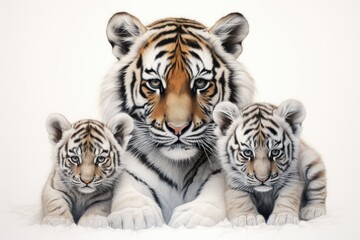 Tiger With her family, a realistic encounter between a mother tiger and her cubs in their natural habitat,  Ai generated