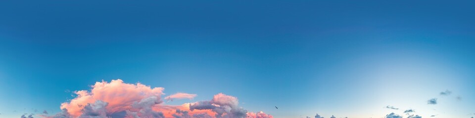 Sunset sky panorama with bright glowing pink Cumulus clouds. HDR 360 seamless spherical panorama. Full zenith or sky dome for 3D visualization, sky replacement for aerial drone panoramas. - obrazy, fototapety, plakaty
