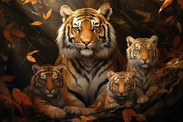 Fototapete Rund Tiger With her family ,Ferocious tiger family in nature, Ai generated © Tanu
